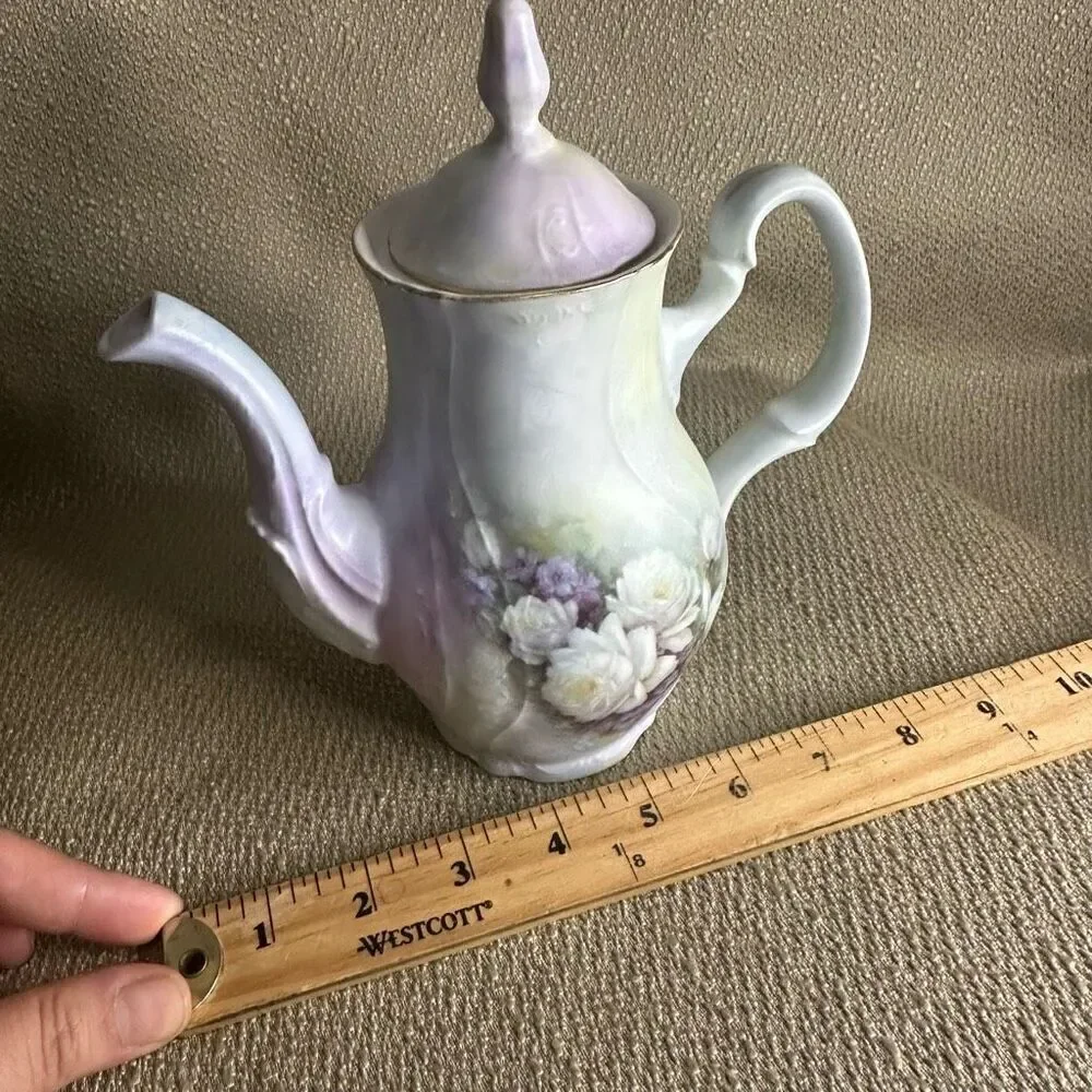 Vintage Bernadotte Porcelain Coffee Tea Pot Czech Republic Purple Roses 7.5”